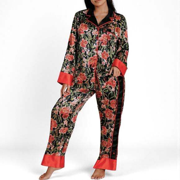 We are HAH PJ Set Flock 2gether Noir Black & Red Floral Satin Women’s Plus XXL - Picture 1 of 7